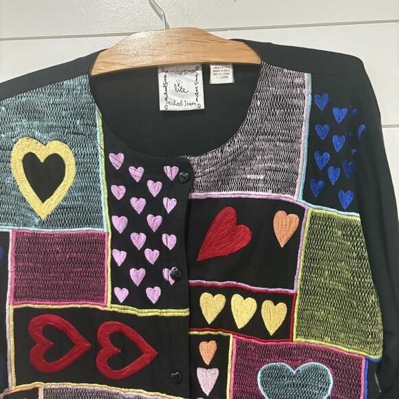 Michael Simon Heart Cardigan Black Colorful Rainbow Art to Wear Valentine- Large - Picture 7 of 10